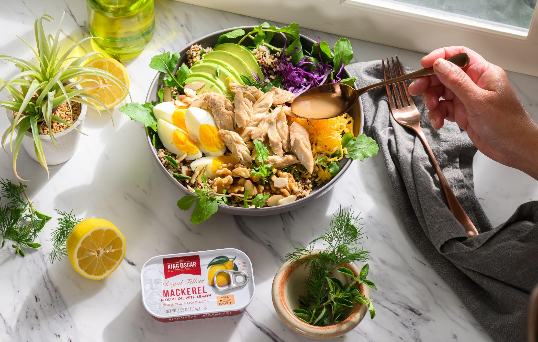 Lemon Mackerel High Protein Quinoa Egg and Avocado Bowl