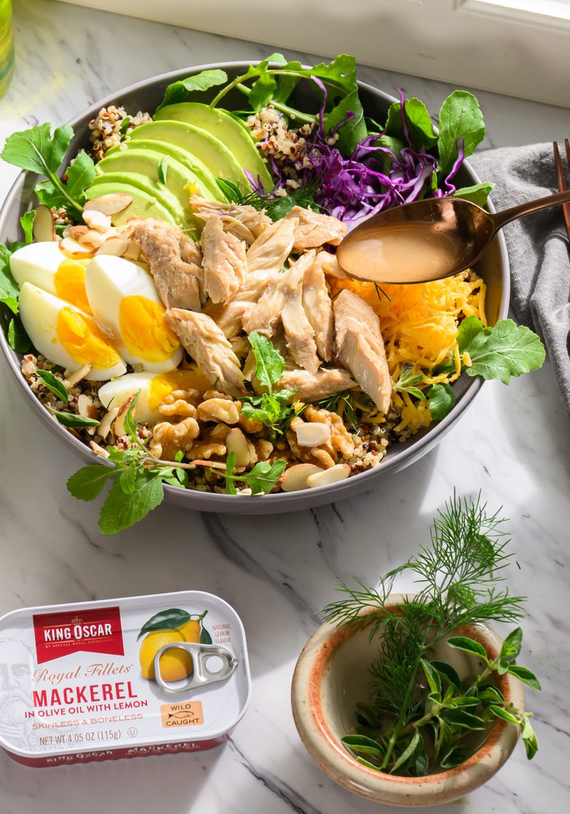 Lemon Mackerel High Protein Quinoa Egg and Avocado Bowl
