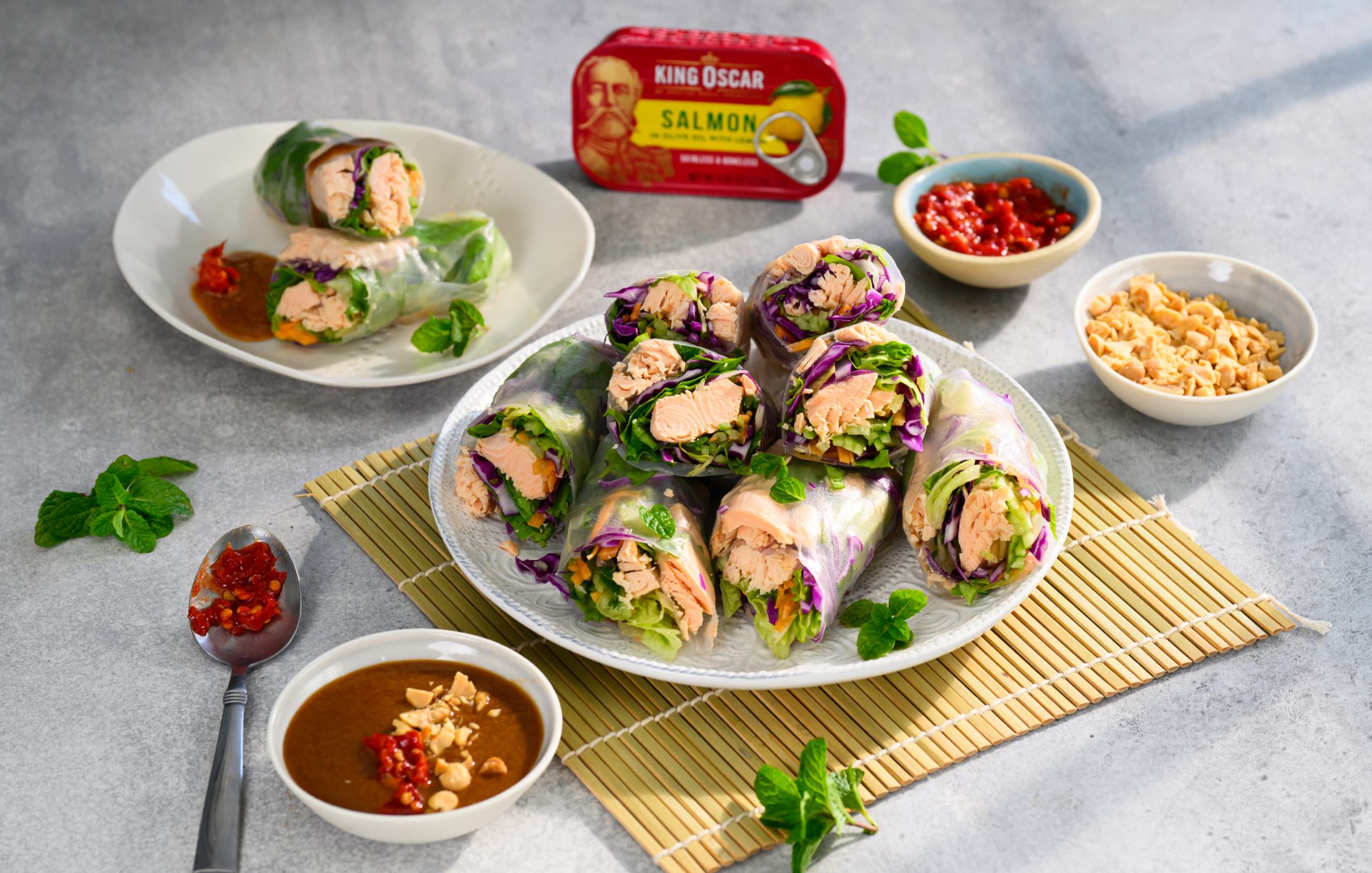 Lemon Salmon Fresh Rice Paper Spring Rolls with Peanut Dipping Sauce
