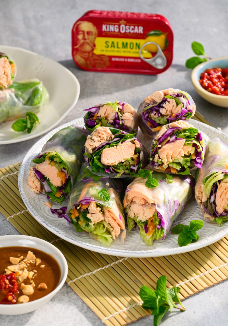 Lemon Salmon Fresh Rice Paper Spring Rolls with Peanut Dipping Sauce
