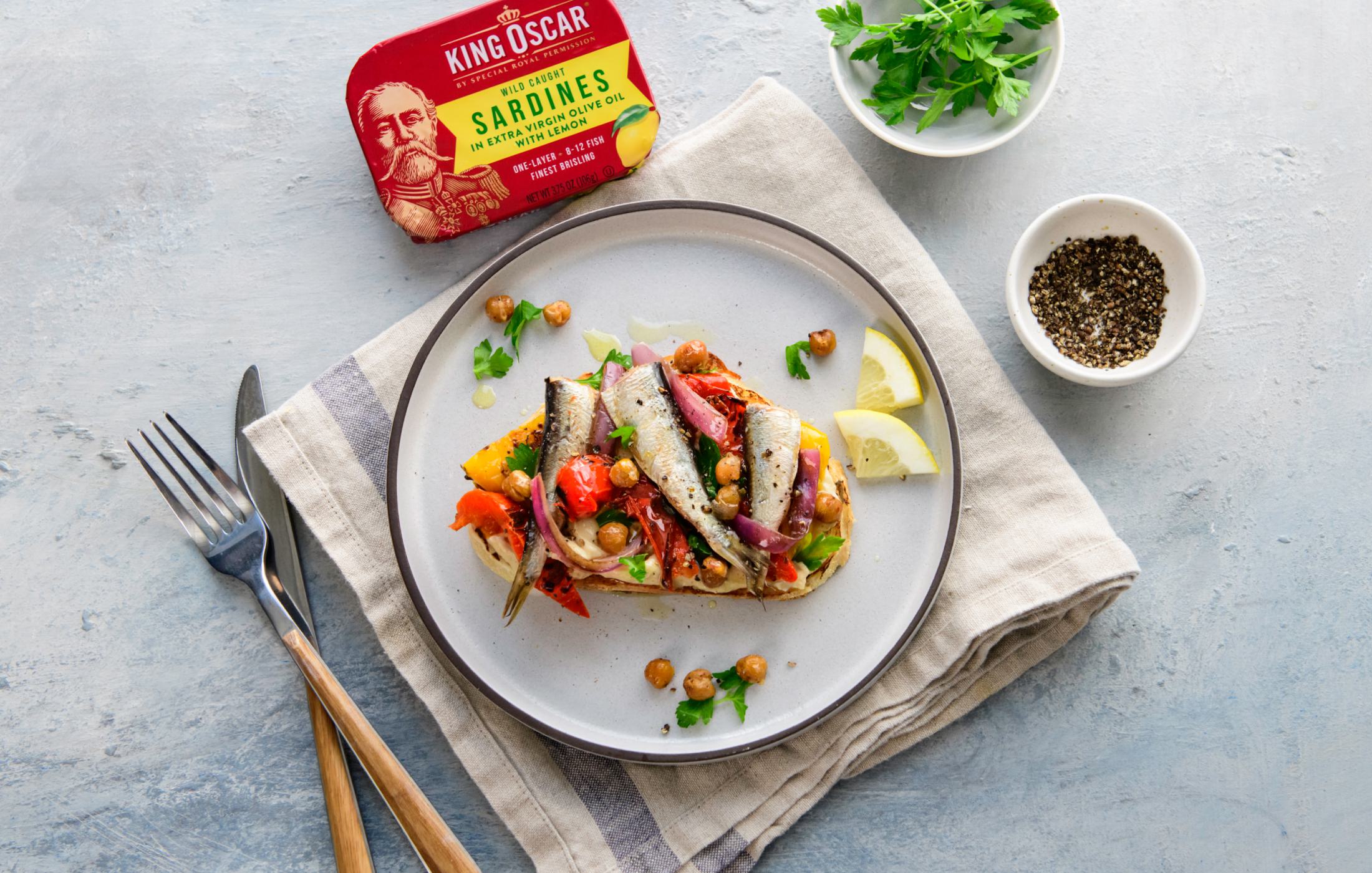 Lemon Sardine Toast with Hummus & Roasted Chickpeas