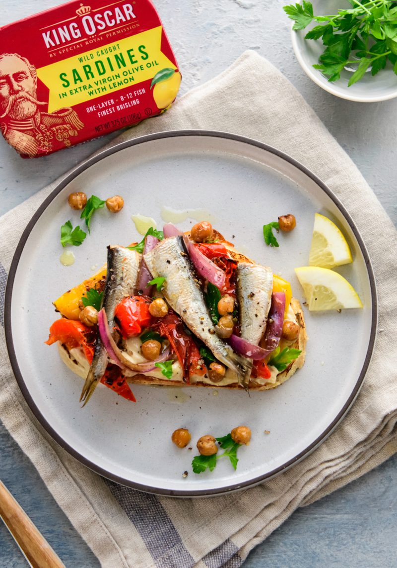 Lemon Sardine Toast with Hummus & Roasted Chickpeas
