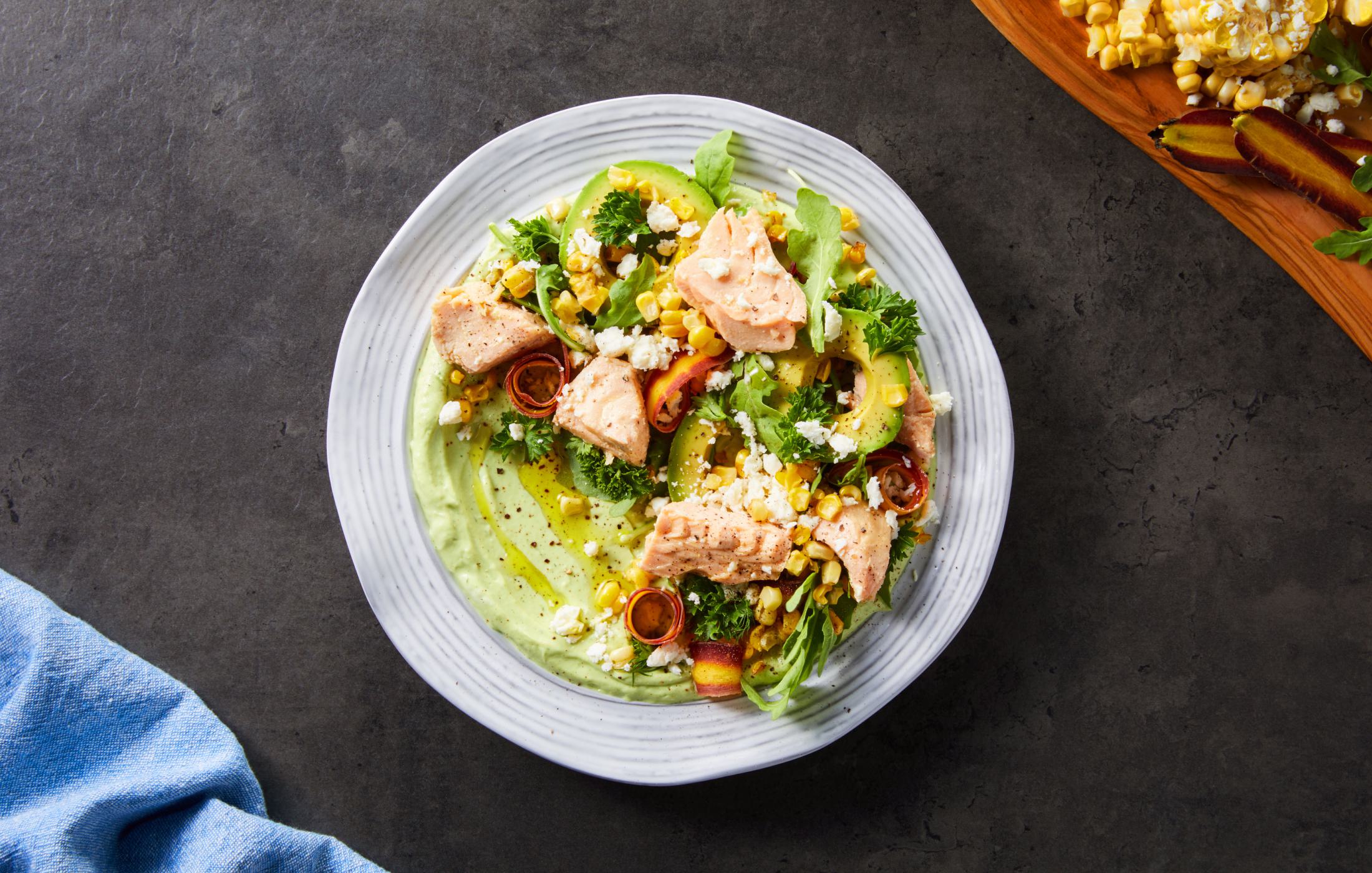 Salmon & Corn Salad with Avocado Yogurt