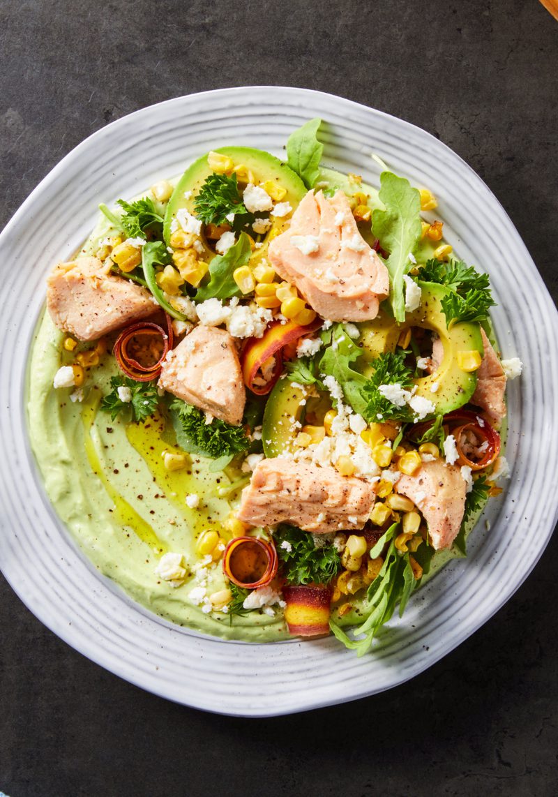 Salmon & Corn Salad with Avocado Yogurt