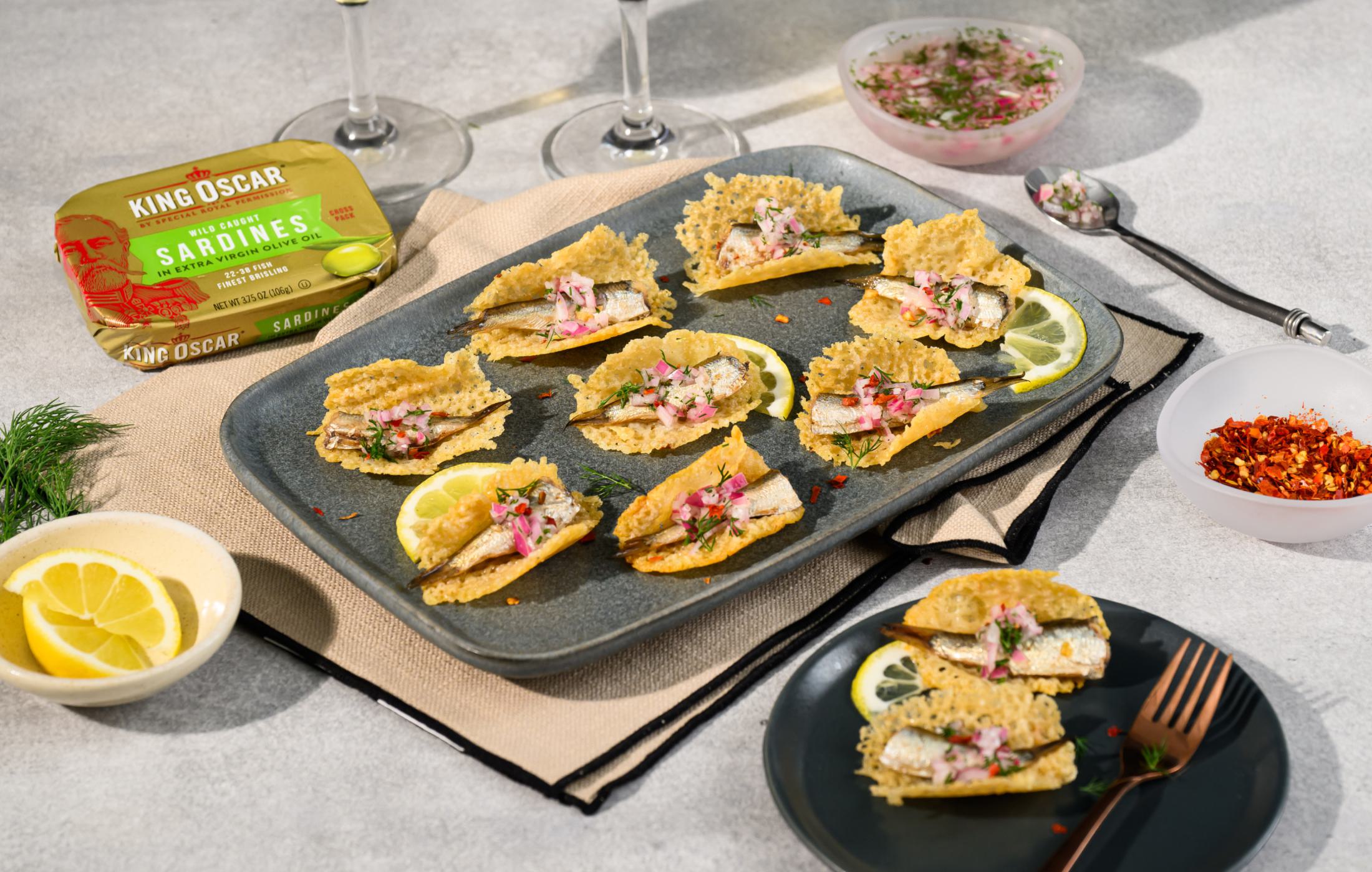 Sardine Parmesan Crisp Bites with Herbed Mignonette