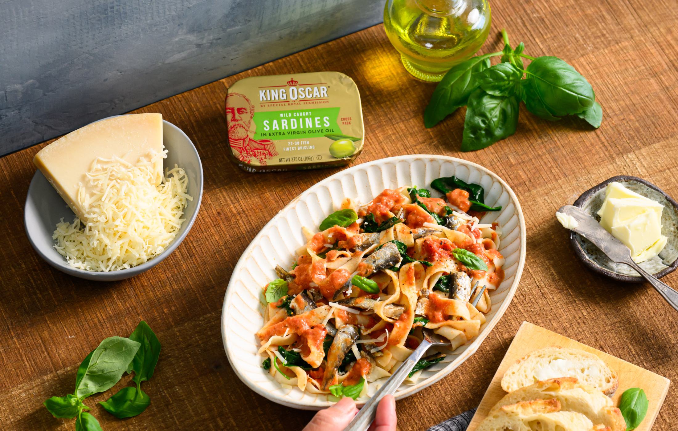 Sardine Tagliatelle with Spinach and Tomato Cream Sauce
