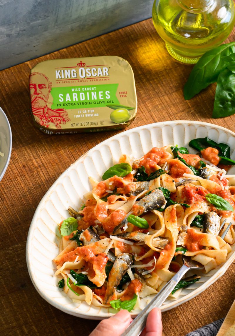 Sardine Tagliatelle with Spinach and Tomato Cream Sauce