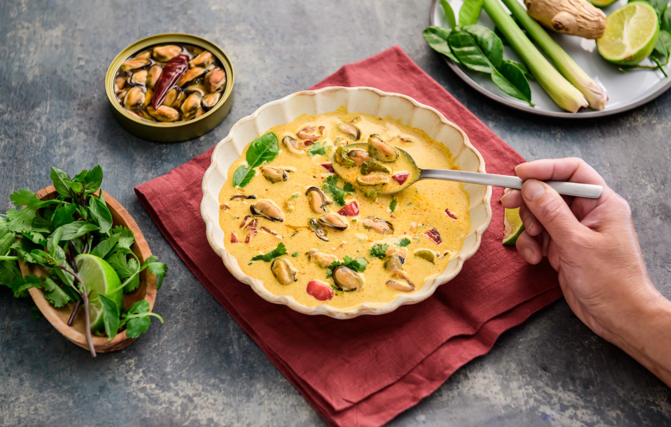 Smoked Mussels with Chili Coconut Curry Soup