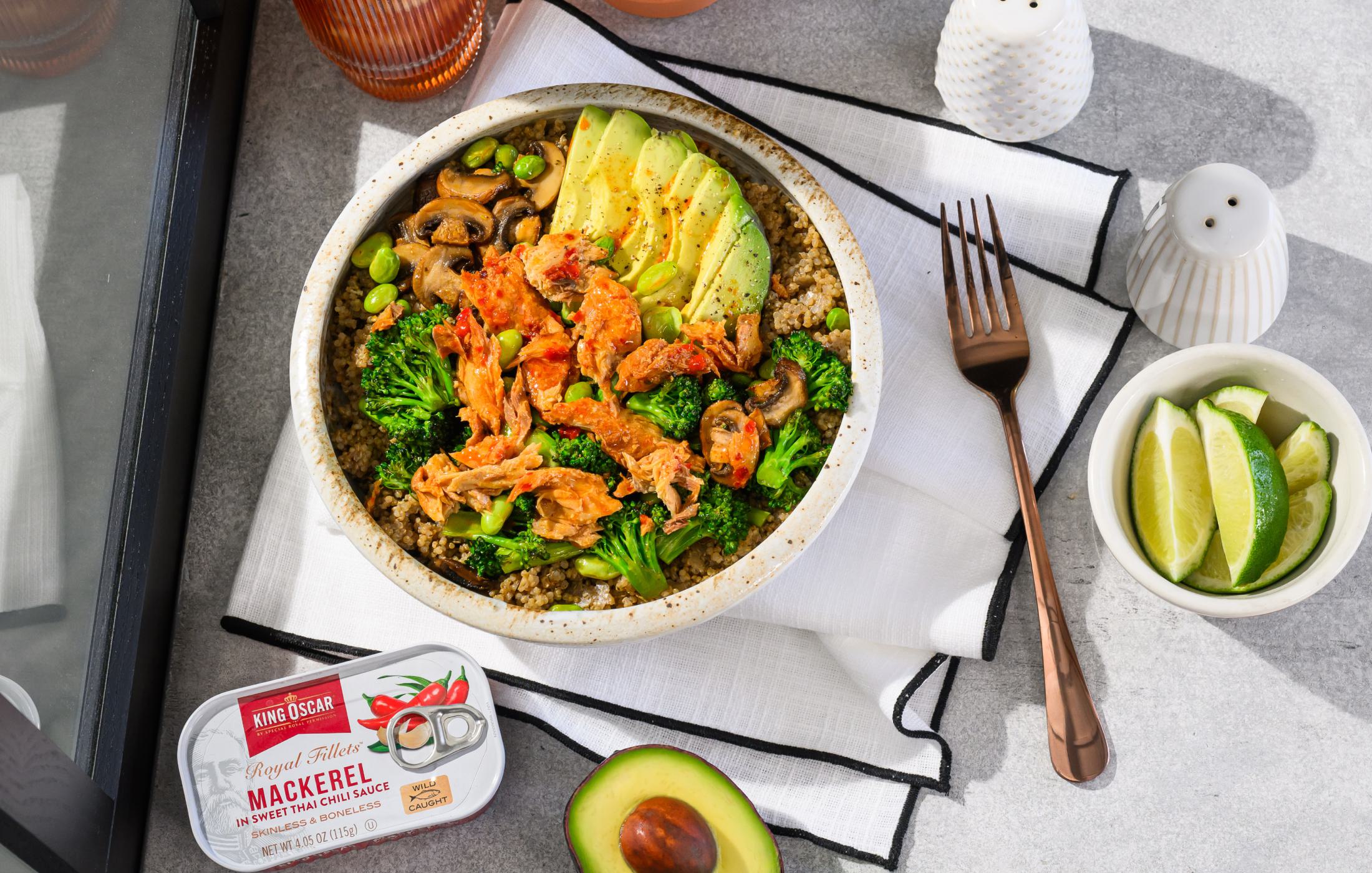Sweet Thai Chili Mackerel Grain Bowls with Sautéed Vegetables
