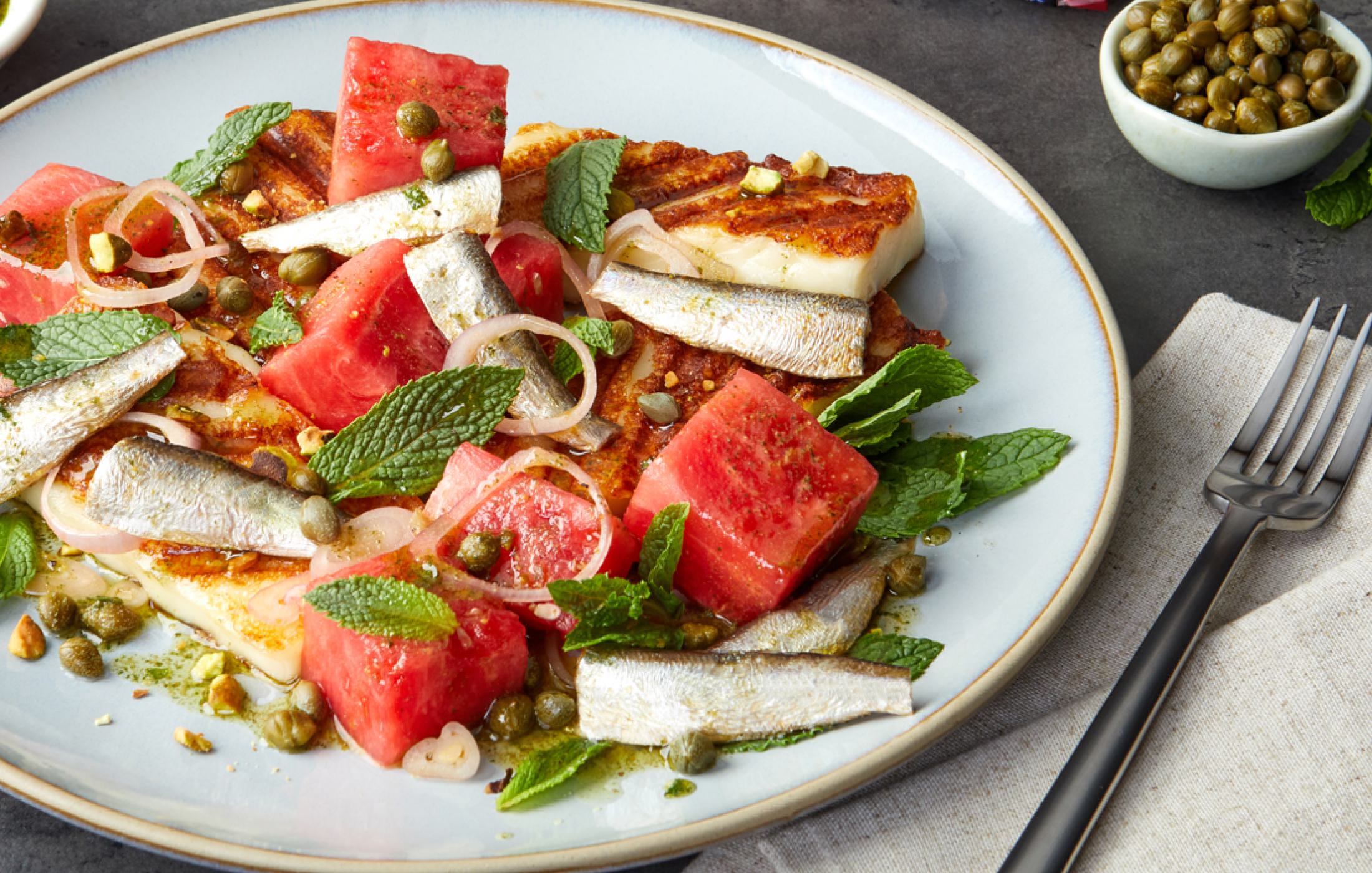 Watermelon & Halloumi Salad with Brisling Sardines