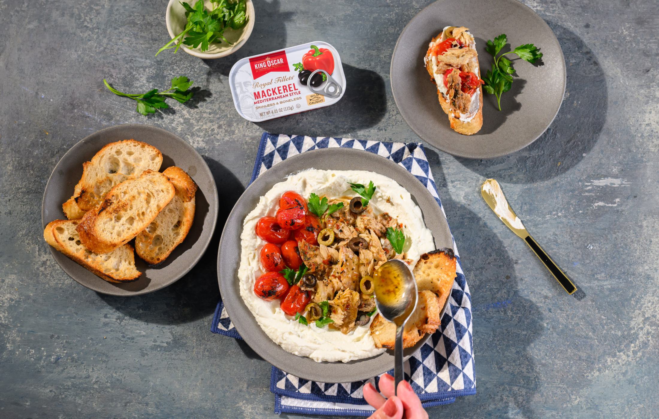 Whipped Feta Dip with Mediterranean Mackerel and Blistered Tomatoes